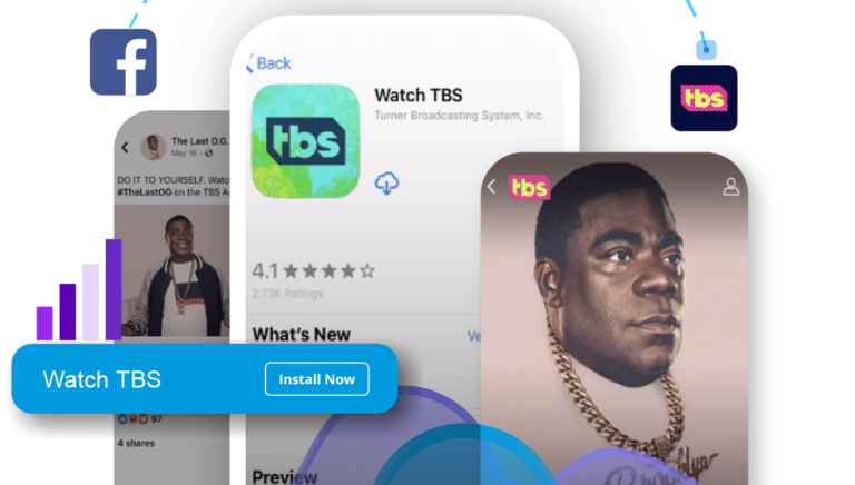 Graphic of TBS app with ratings and "Install Now" button, surrounded by social media elements and icons.