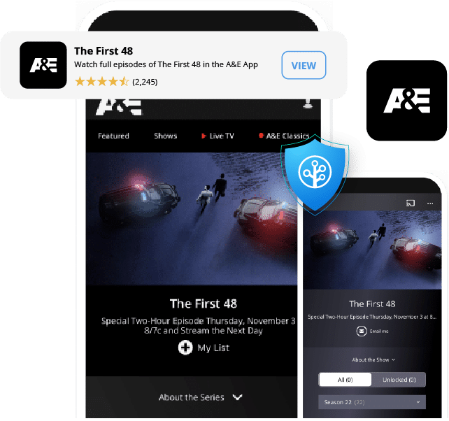 Screenshot of the A&E app displaying 