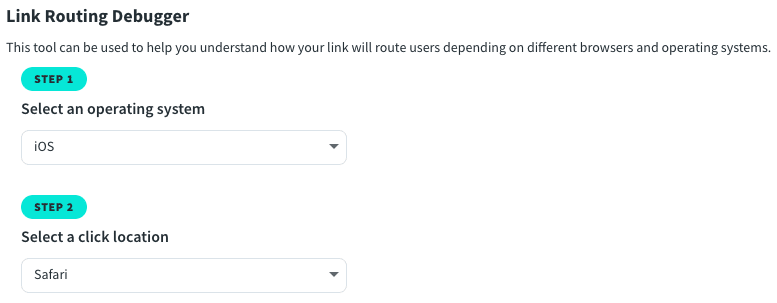 Screenshot of a Link Routing Debugger tool with options to select an operating system (iOS) and click location (Safari).
