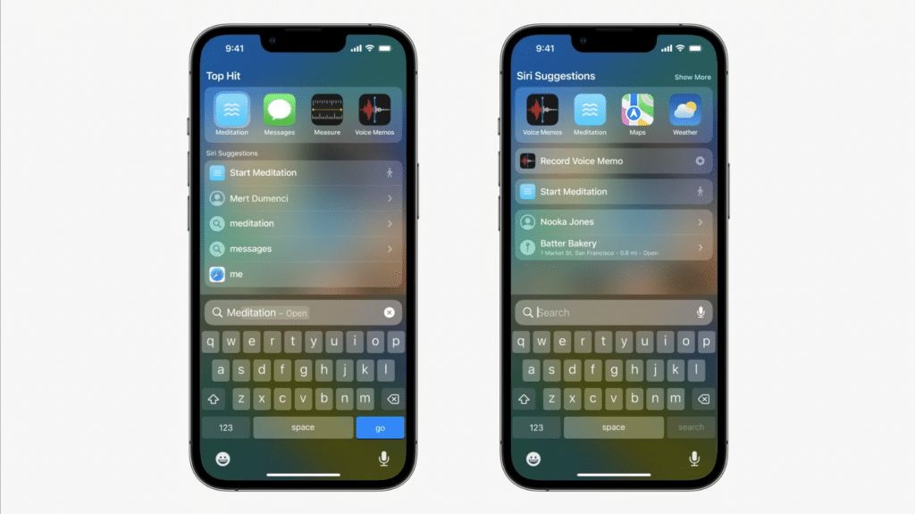 Image of two iPhones side by side showing a user searching for Meditation on the phone and then on the other phone, it shows the Siri Suggestions based on the query.