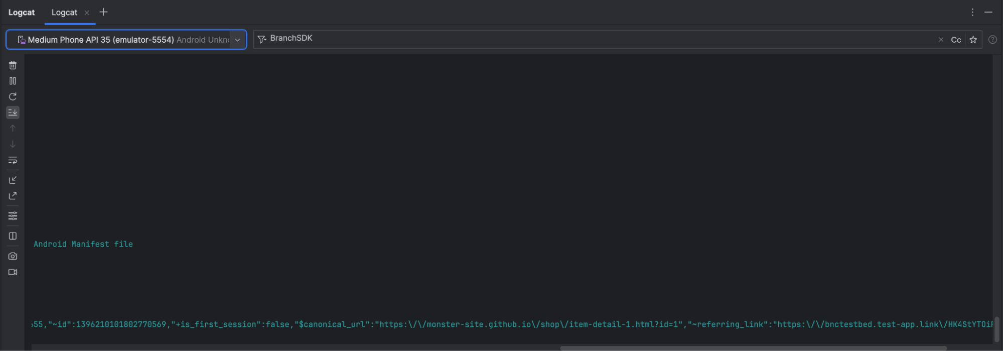 Screenshot of logcat in Android Studio showing the fetched deep link data.