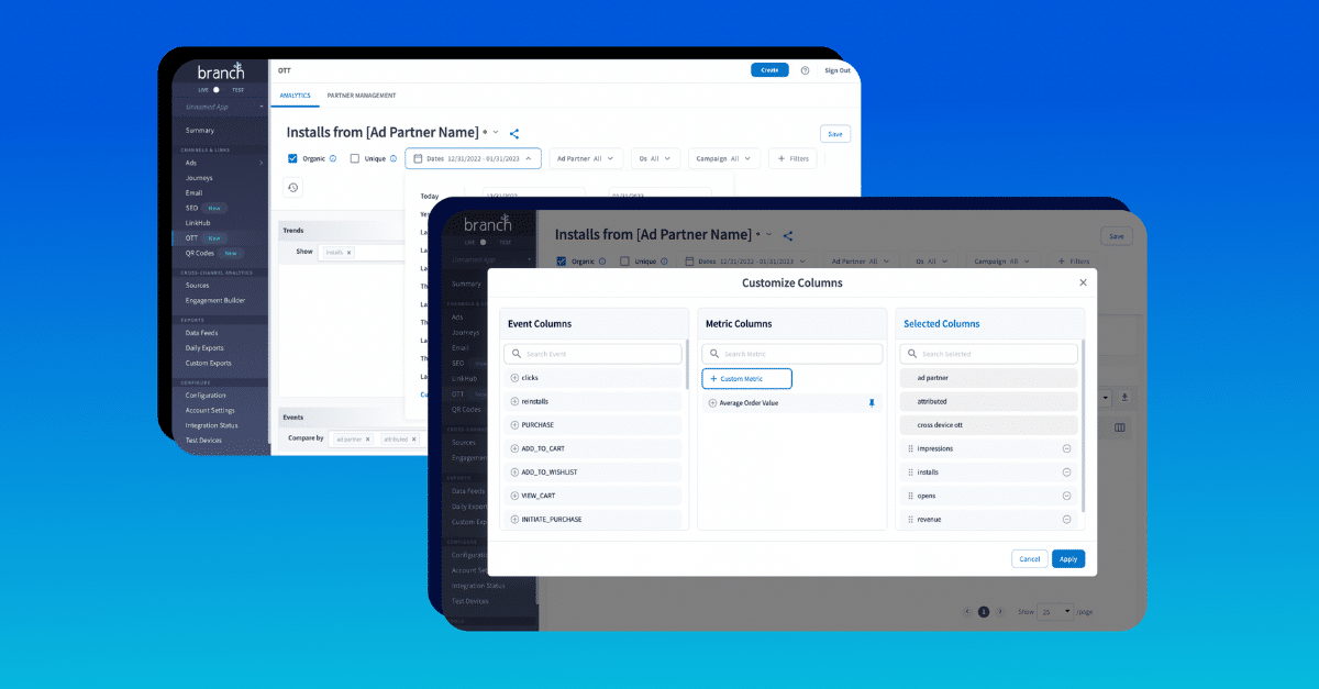 Screenshot of a Branch analytics dashboard showing customization options for ad partner installs.