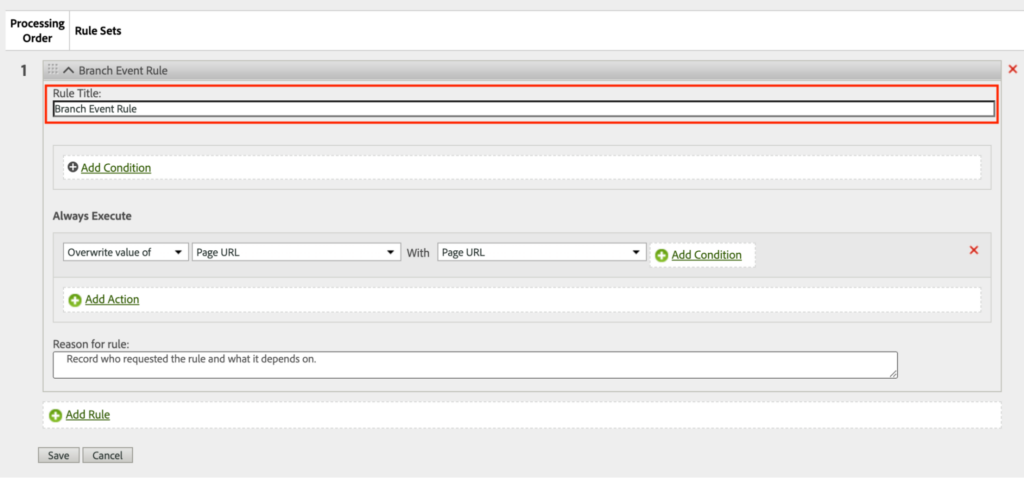 Screenshot showing how to give your rule a title in the Rule Title input field.