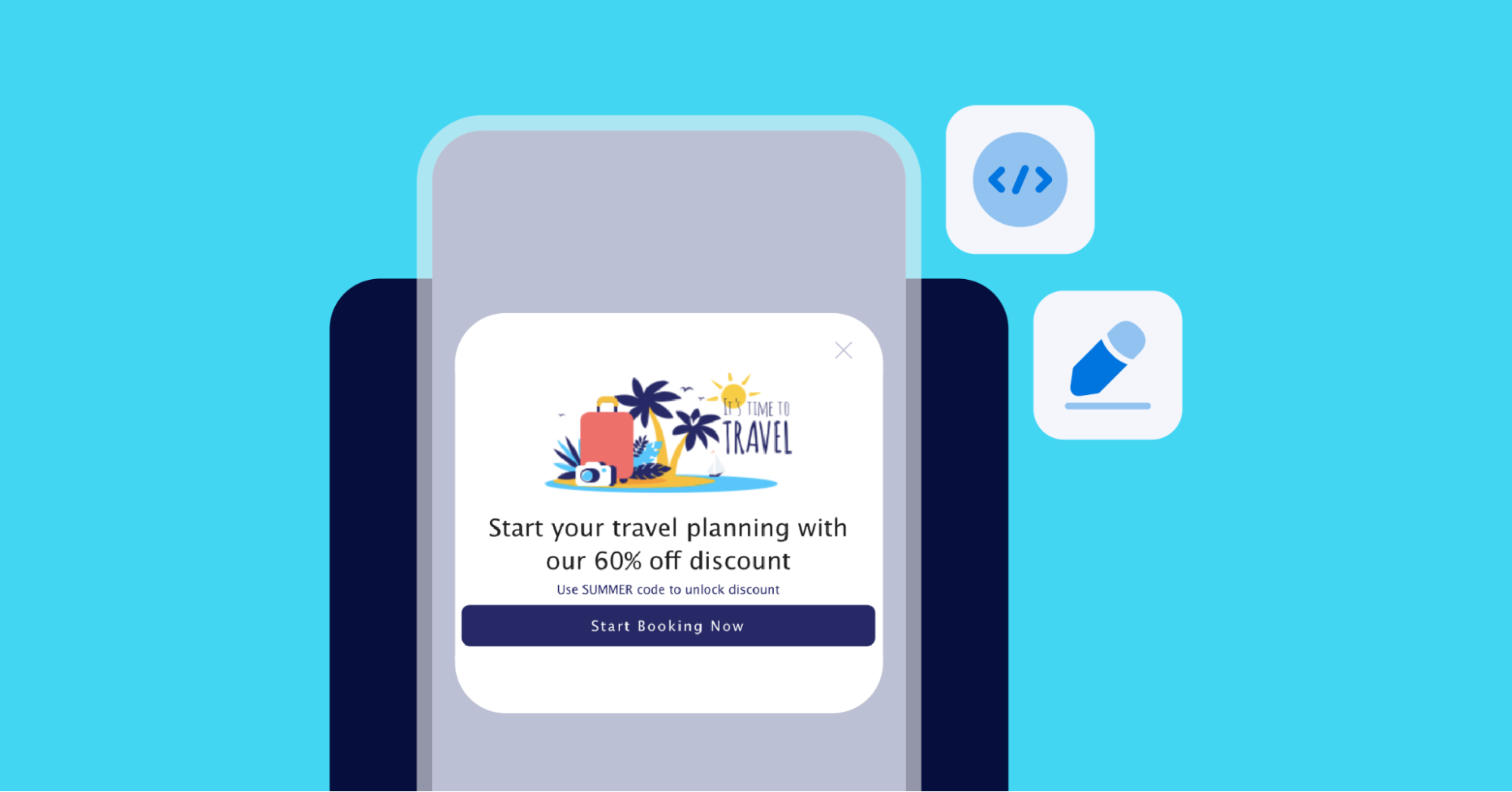 graphic of mobile phone with an ad for 60% off a trip