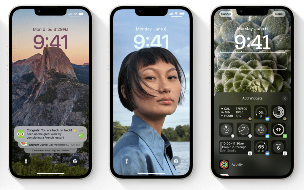 Three iPhones next to each other show the different ways that the lock screen can be personalized, including through notifications and adding widgets.