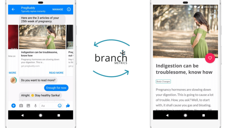 A smartphone displays a messaging app with pregnancy-related articles and a health advice section on digestion issues.