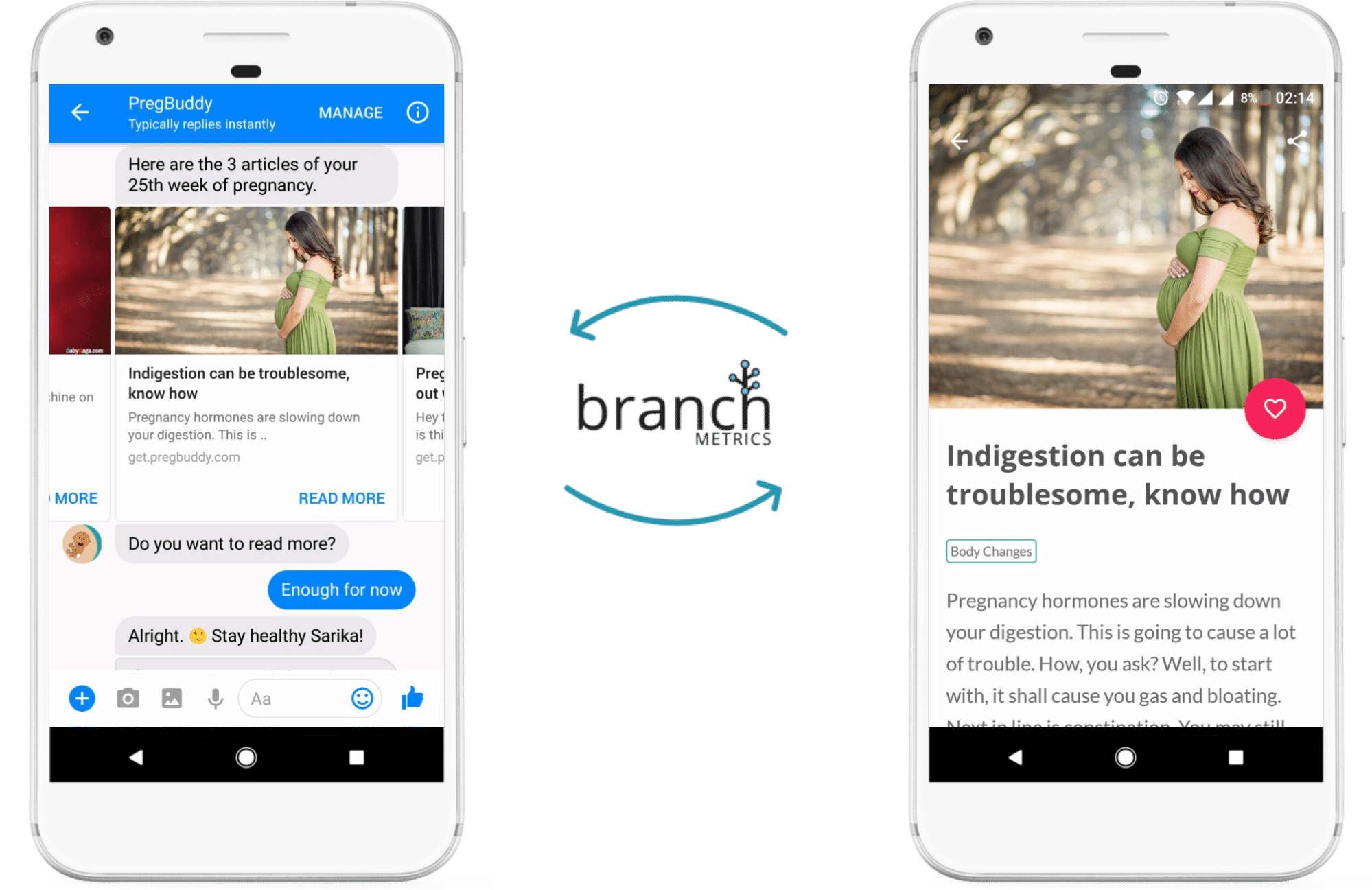 A smartphone displays a messaging app with pregnancy-related articles and a health advice section on digestion issues.
