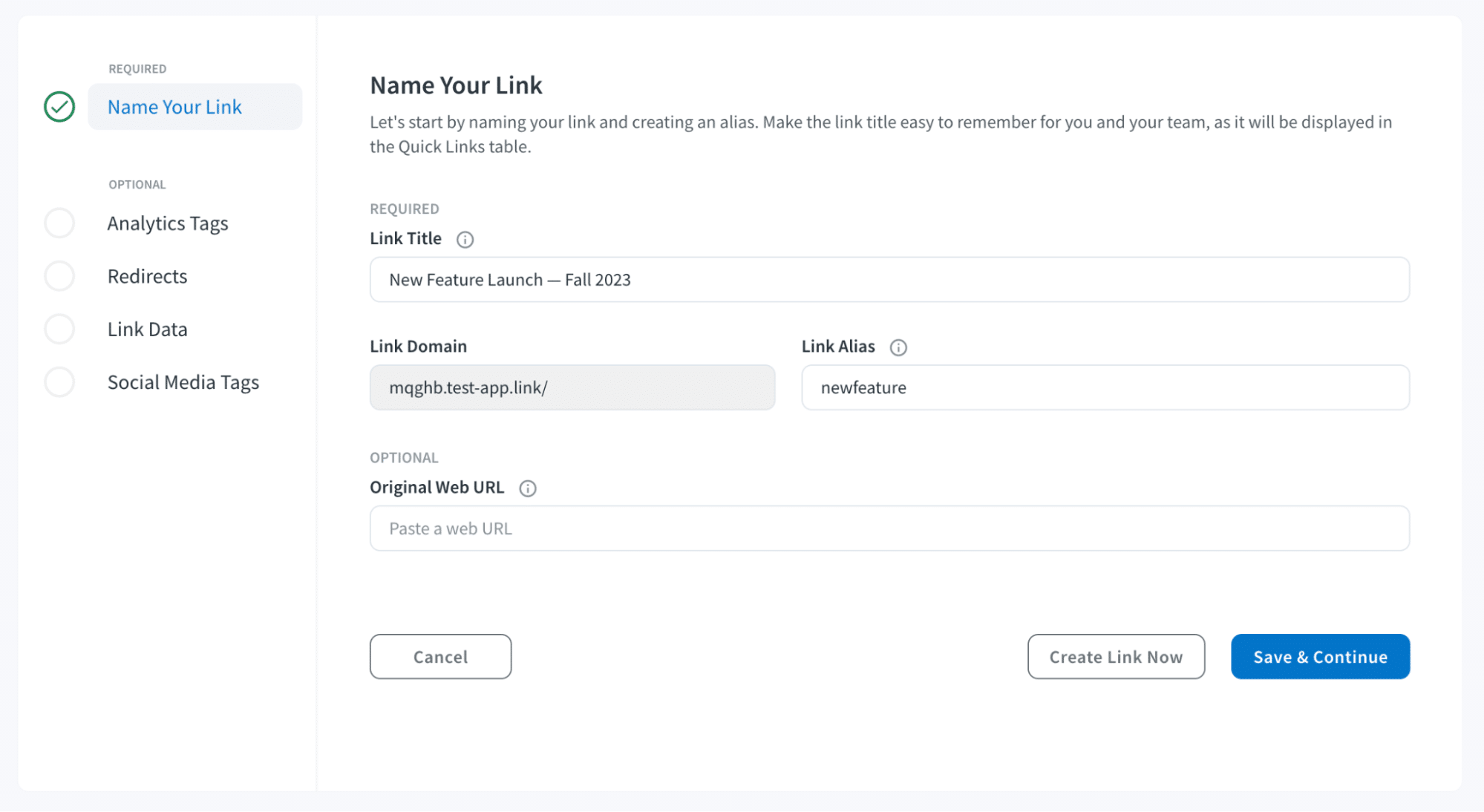Screenshot of a Branch Dashboard showing how to create a Quick Link: "Name Your Link Let's start by naming your link and creating an alias. Make the title easy to remember for you and your team, as it will be displayed in the Quick Links Table."