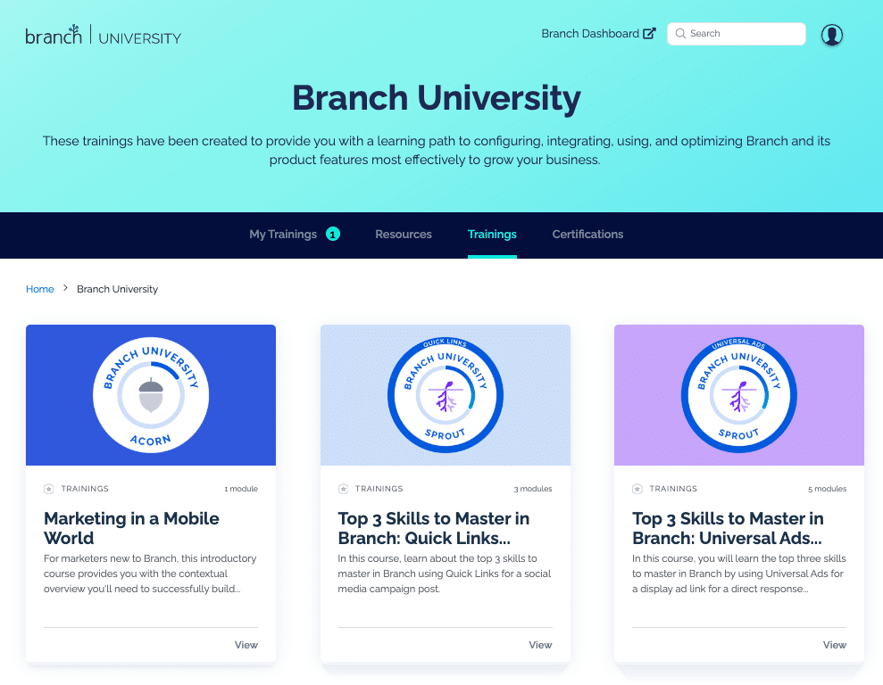 Screenshot of the Branch University trainings homepage.