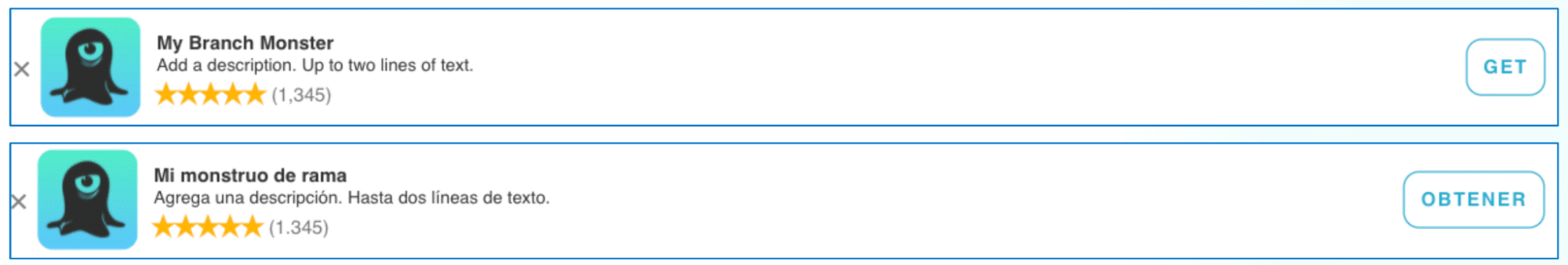 Screenshot of two Journeys banner examples: 1. My Branch Monster "Get" 2. Mi monstruo de rama "Obtener"