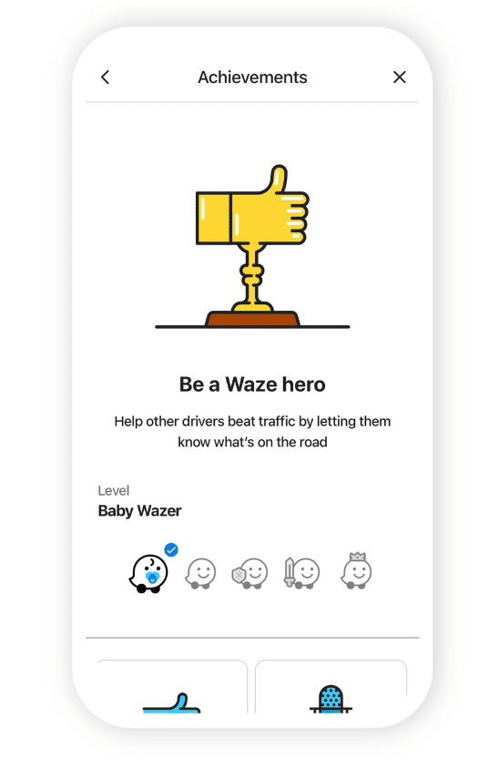 Waze achievement screen featuring a gold trophy with a thumbs-up icon, promoting driver assistance as a "Baby Wazer."