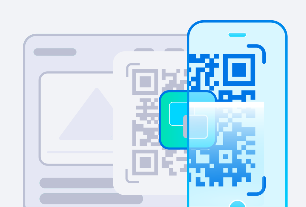 A smartphone displaying multiple QR codes against a light background with a faint webpage outline.