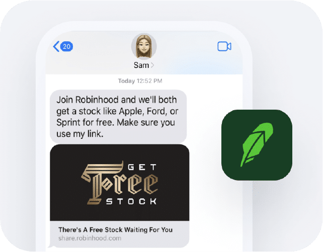 Text message invitation to join Robinhood for a free stock with a promotion graphic.