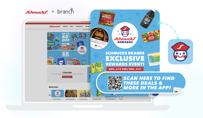 An image of a laptop screen shows a Schnucks website and highlights a graphic that reads "Schnucks Brands Exclusive Rewards Event! Wed., 2/15 Thru Tues., 2/21." There is a QR code next to text that reads "Scan Here To Find These Deals & More in the App!" A heading above the image of the laptop reads "Schnucks + Branch."