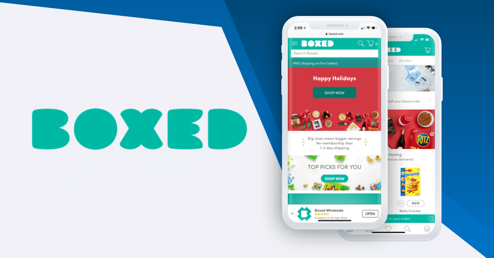 Image of two mobile screens displaying the Boxed app with holiday promotions and product offerings; logo in turquoise.