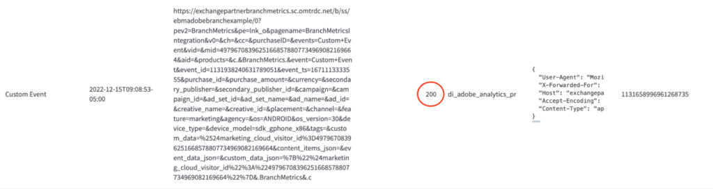 Screenshot of The webhook response code showing a code of 200, which means the event was correctly sent.