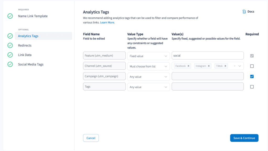 Link Hub dashboard show the Analytics Tags view with Field Name, Value Type and Value(s). It's recommended to add analytics tags that can be used to filer and compare performance of various links.