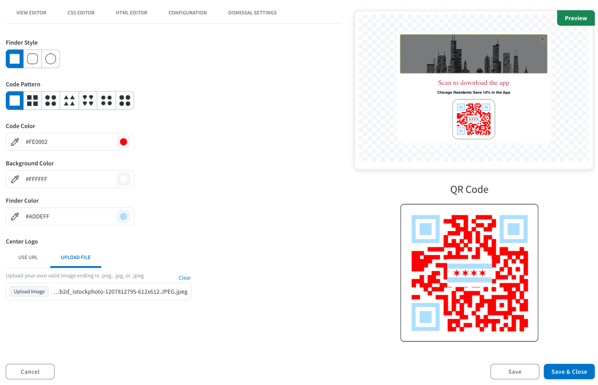 Screenshot of Branch Journeys UI. On the screen, a user can customize their QR code style, pattern, color, background color, finder color, and company logo.