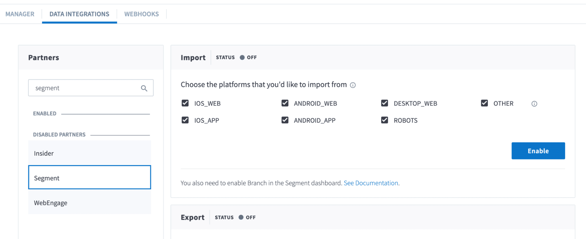 Screenshot of a Branch Dashboard showing the "Data Integrations" tab. When "Segment" is selected, users can edit the Import and Export statuses.