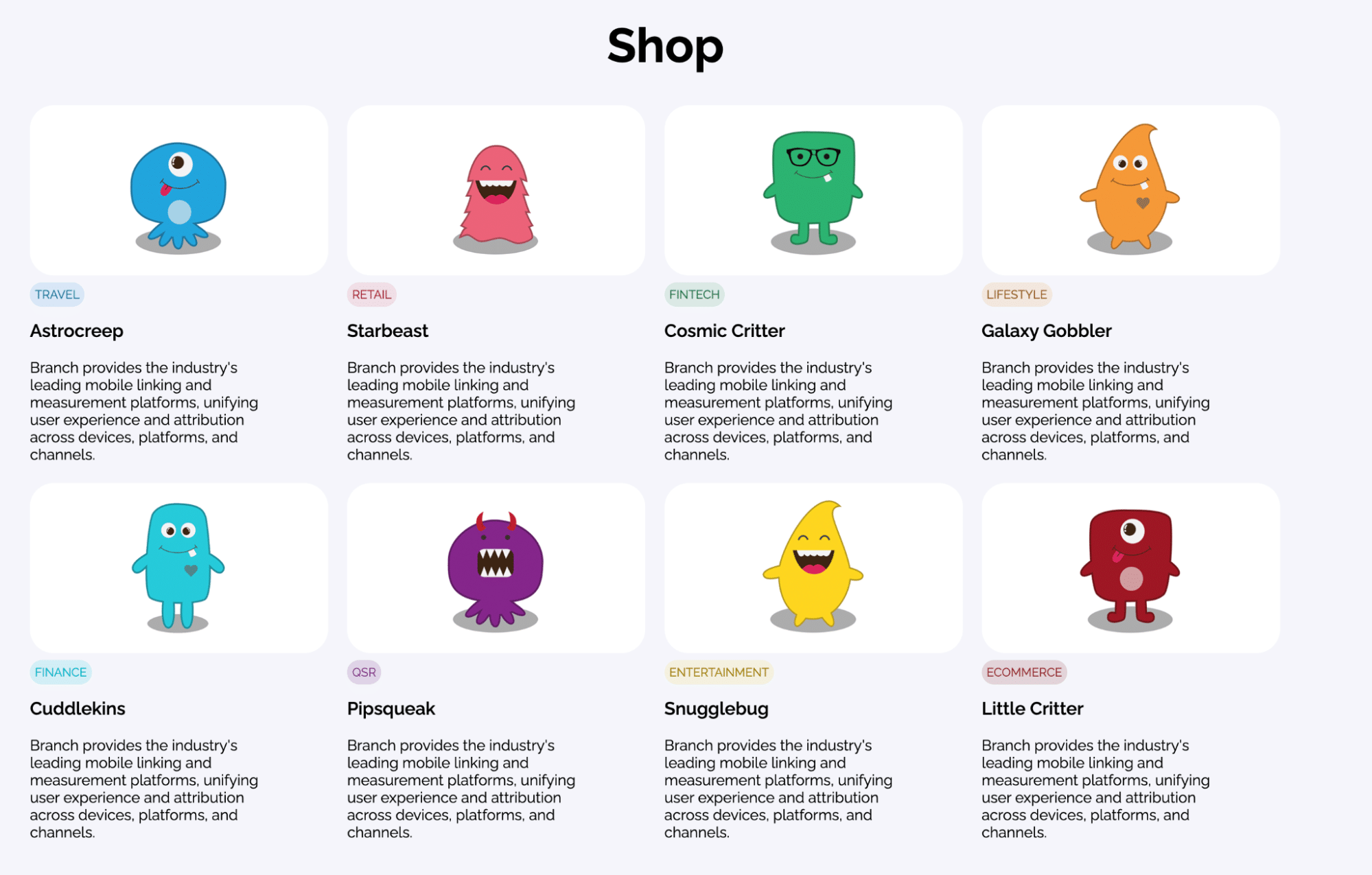 Screenshot of the Branch MonsterSite showing various Branch monsters on a "Shop" page.