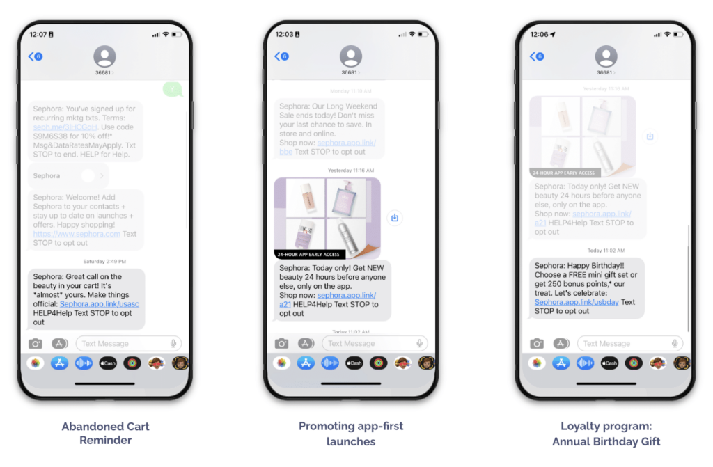Three mobile phones with screenshots of how Sephora proactively engages with high-value customers in the app, including an abandoned cart reminder, a promotion for app-first launches, and loyalty reminders all via text message.
