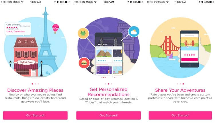 Three screens showing how Trip.com onboards new app users with feature and value prompts