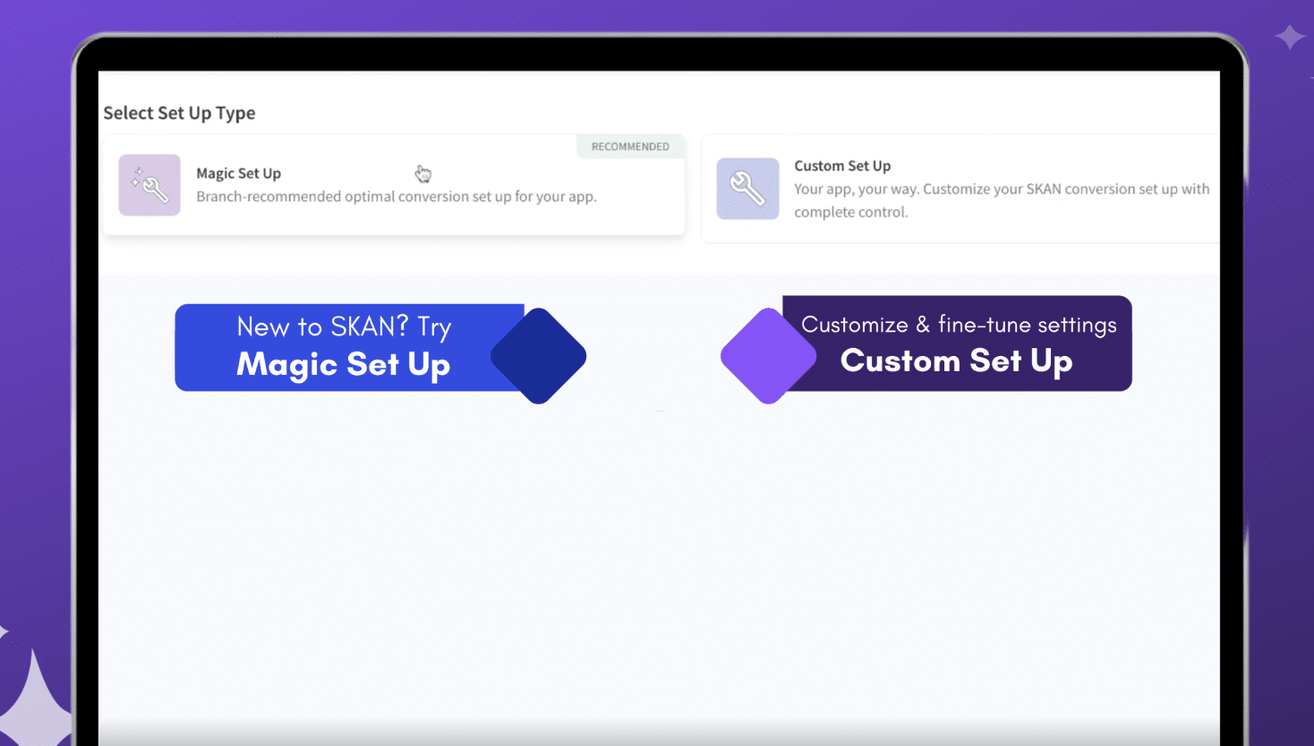 Branch Dashboard showing two set up type options: Magic Set Up and Custom Set Up.