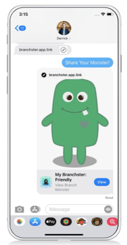 iMessage showing a shared Branchster app link with a green cartoon monster and a 'View' button