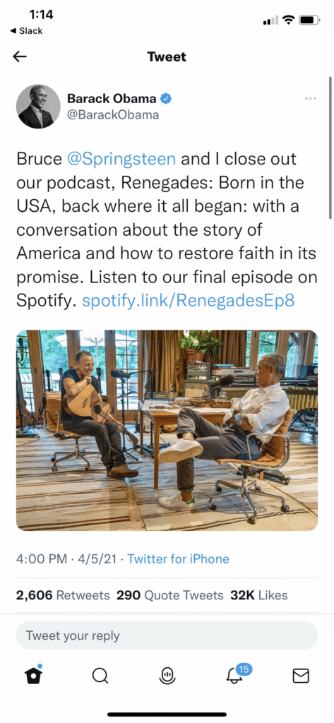 Image showing a tweet from Barack Obama about his podcast with a Branch deep link directly to the podcast on Spotify.