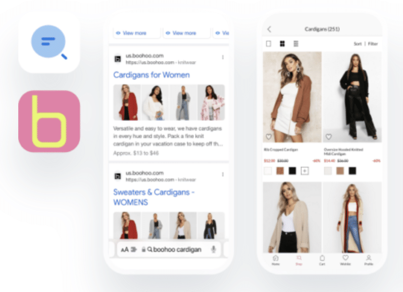 Mobile screen showing a shopping app interface with cardigan listings.