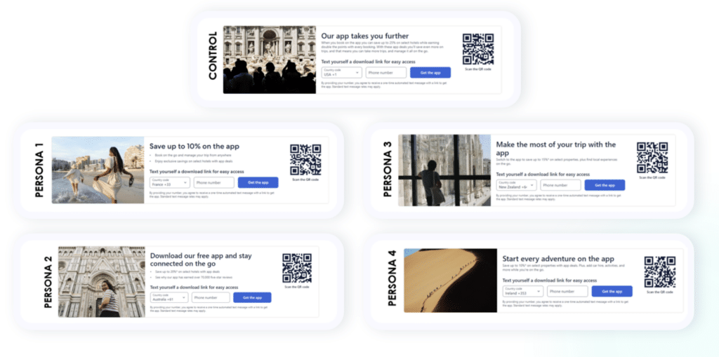 Five images showing a five offers; one for a control engagement group, one for Persona 1, one for Persona 2, one for Persona 3, and one for Persona 4. Each image has a offer text, a blue CTA button, and a QR code.