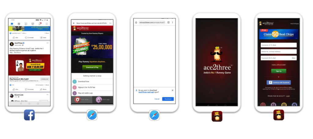 example of social to app redirection. Ace2Three uses Branch deep links to redirect users from their Facebook profile to their mobile app