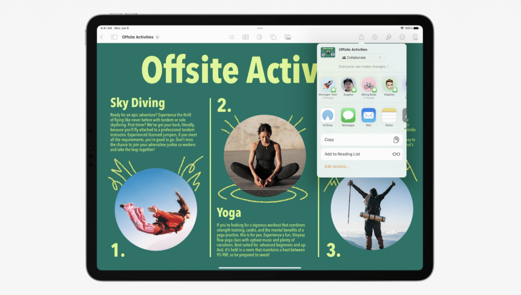Screenshot showing the new Collaboration API in action with a dropdown option to collaborate on a webpage with selected individuals via Airdrop, Messages, email, Notes, etc.