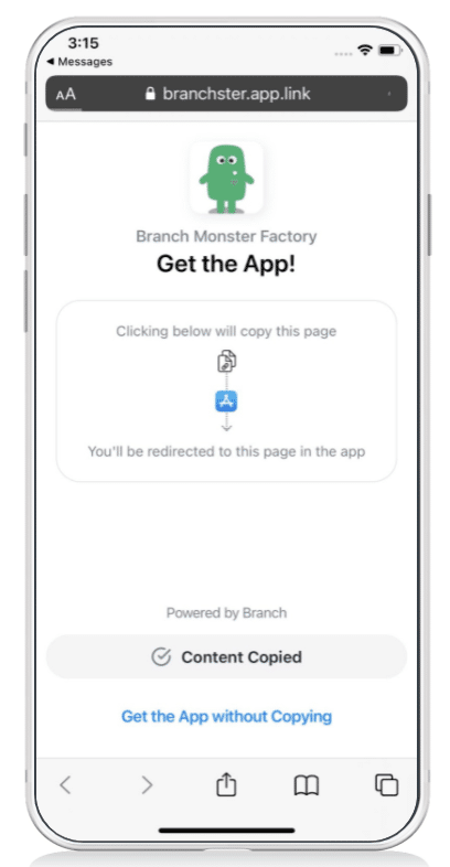 Screenshot of a phone showing a Branch link page: “Branch Monster Factory – Get the App!” with option to copy content and redirect to the app.