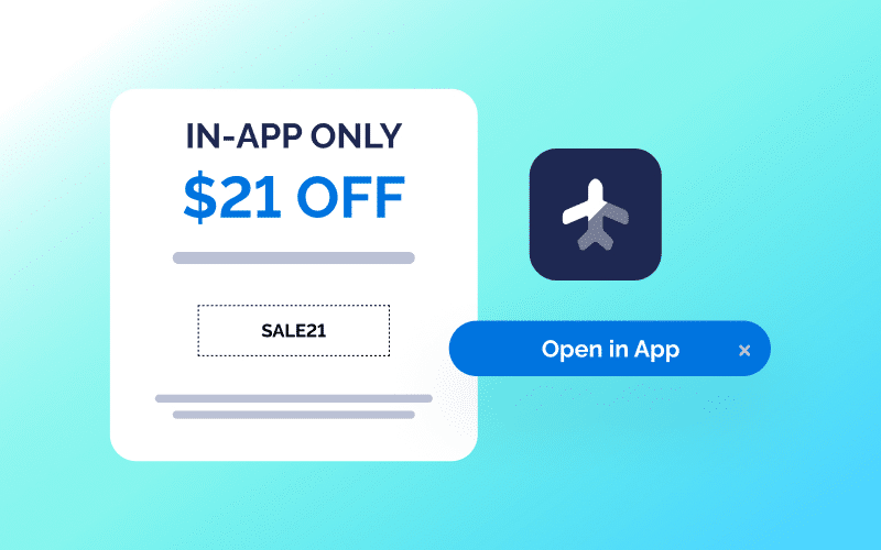 Ad graphic for $21 off in-app purchase with a promo code "SALE21" and an "Open in App" button.