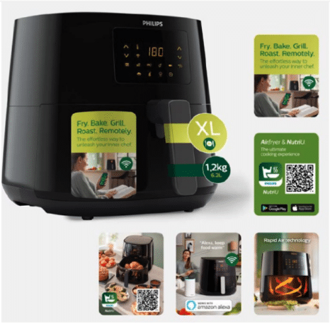 Image of a Philips countertop cooking machine with the option to scan a QR code to get directions, recipes, and machine specifications.