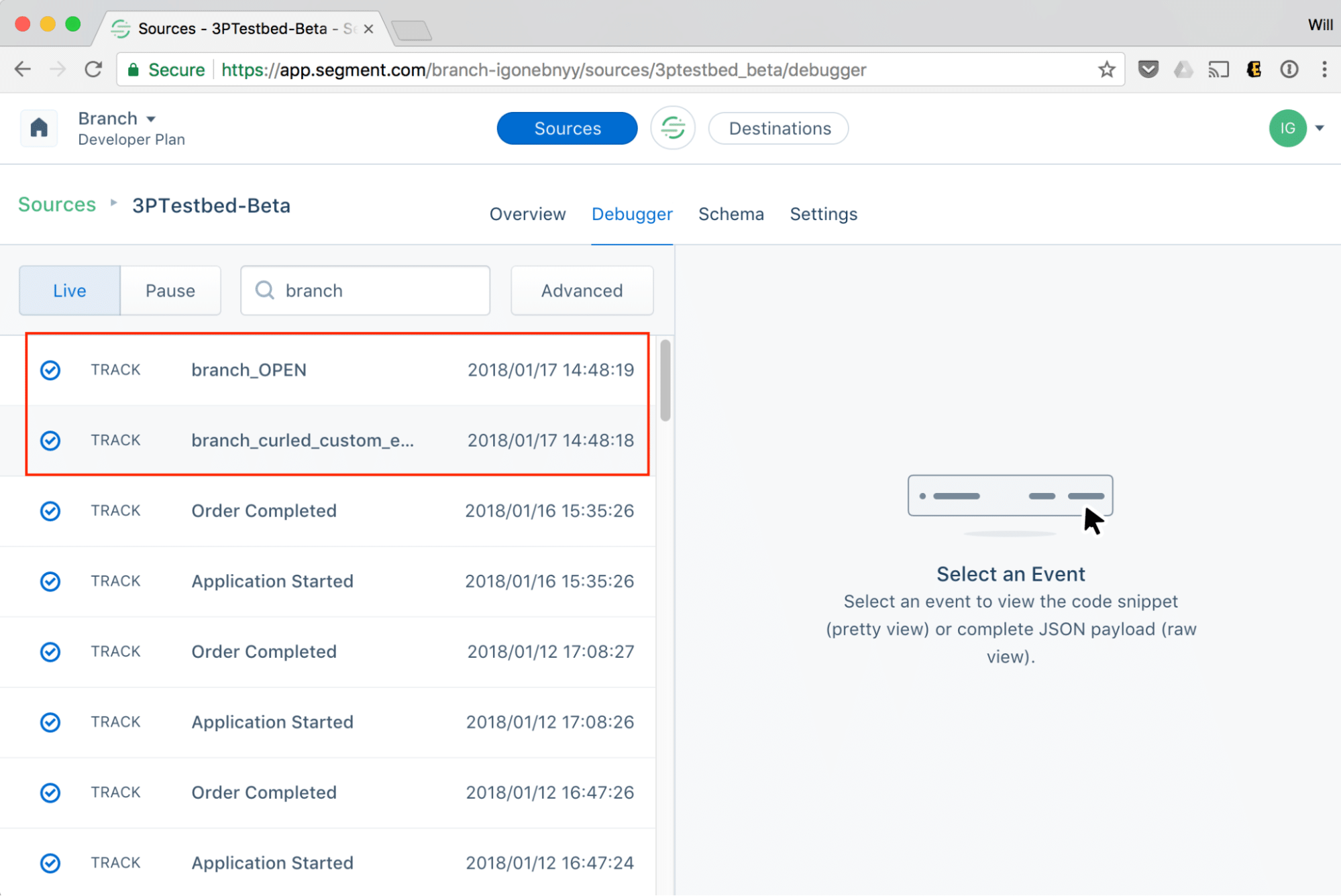 Screenshot of a Twilio Segment Dashboard showing imported Branch data.
