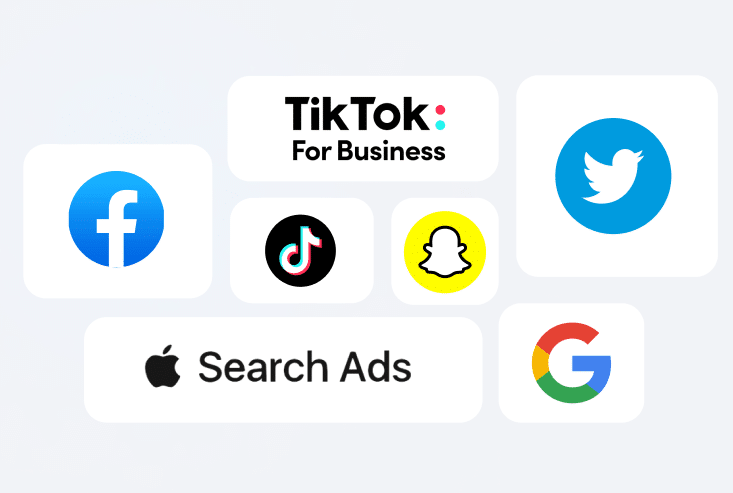 Logos of Facebook, TikTok for Business, Twitter, Apple Search Ads, Snapchat, and Google.