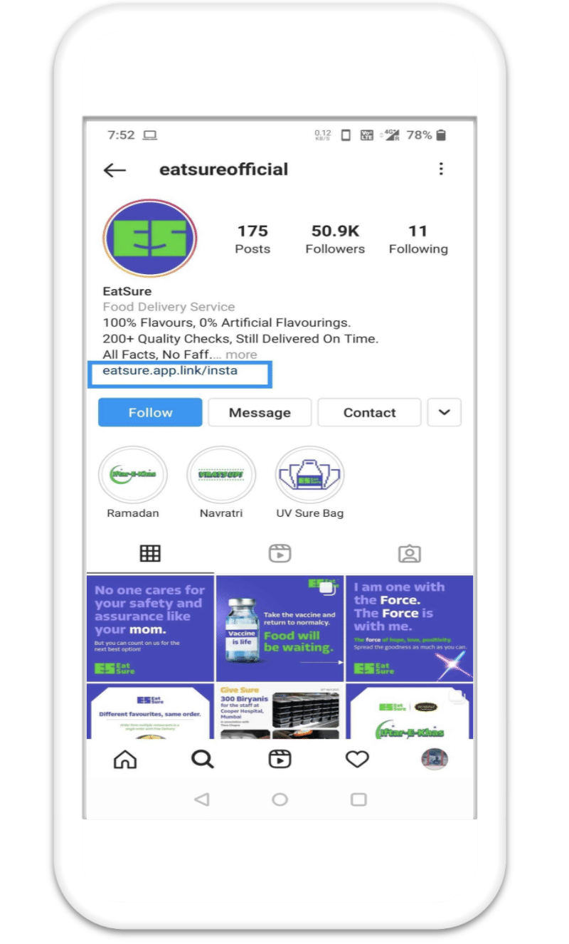 Image of EatSure link on Instagram