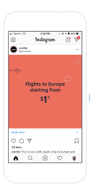 Instagram ad showing 'Flights to Europe starting from $1' with a 'Book Now' link