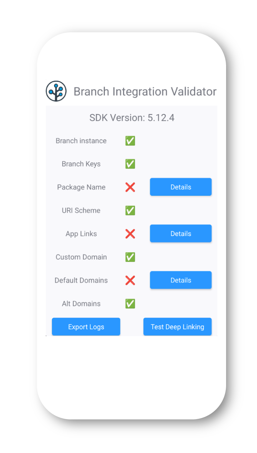 Screenshot of Branch Integration Validator modal showing: SDK Version 5.12.4 Branch instance Branch Keys Package Name URI Scheme App Links Custom Domain Default Domains Alt Domains