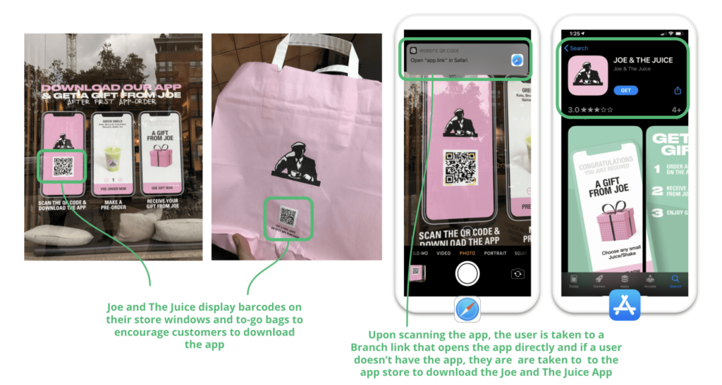 Joe and The Juice uses QR codes on store windows and bags to link customers to their app via Branch, directing them to download or open the app