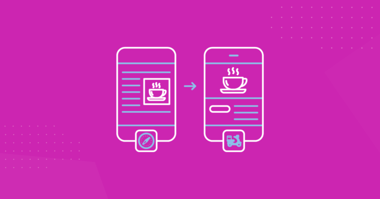 Two smartphone screens showing a before-and-after comparison of a user interface improvement for a coffee-related app, set against a purple background.