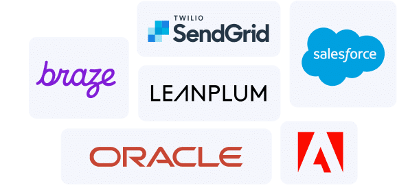 Image of seven tech company logos including Braze, SendGrid, Salesforce, Leanplum, Oracle, and others.