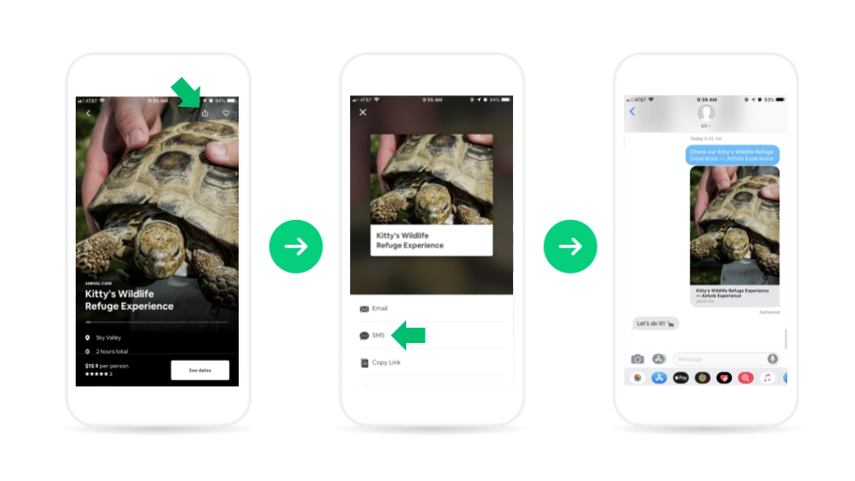 Three phone screens showing the process of sharing Kitty's Wildlife Refuge Experience via SMS, from selecting the share icon, choosing SMS, to sending a message with the link and image