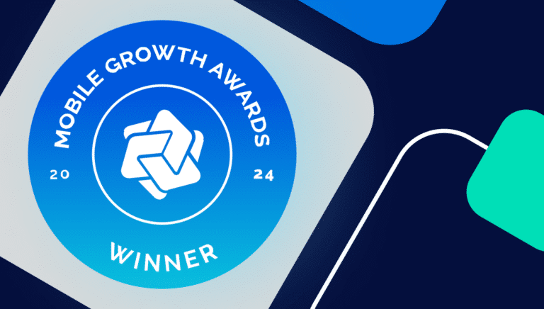  2024 Mobile Growth Awards, featuring "Winner" text with a blue and white design, set against an abstract background.