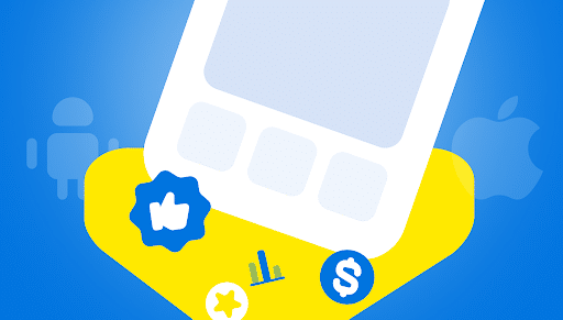 A stylized smartphone graphic with icons representing apps, analytics, and currency against a blue background.