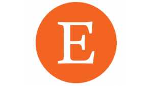 Orange circle with the letter 'E' in the center, against a black and white halftone background.