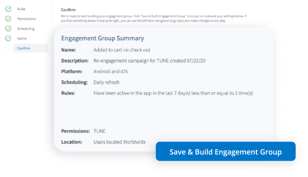 Engagement Group Summary' interface with settings and a 'Save & Build Engagement Group' button