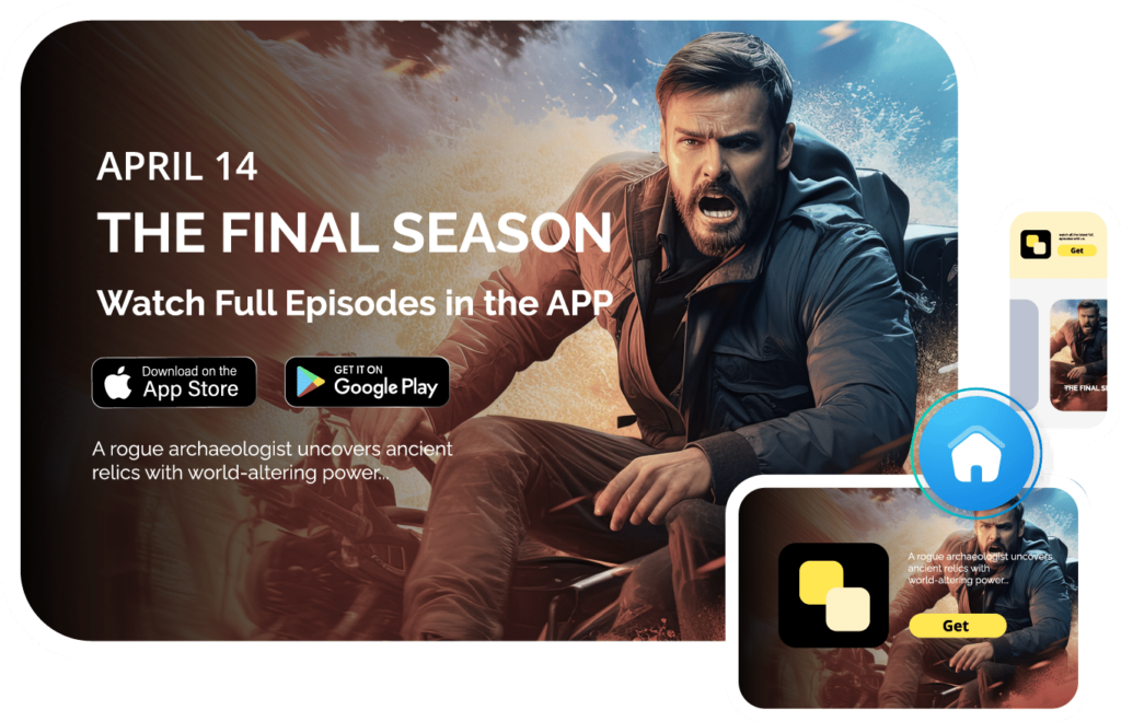 Promotional image for a TV series final season, with app download icons and a teaser tagline.